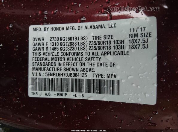 5FNRL6H70JB064125 2018 HONDA ODYSSEY Red Engine compartment view