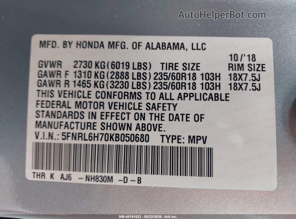 5FNRL6H70KB050680 2019 HONDA ODYSSEY Gray 