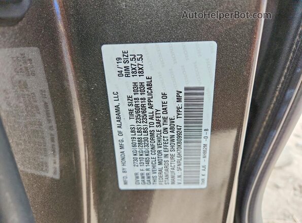 5FNRL6H70KB099247 2019 HONDA ODYSSEY Gray Вид наклейки з VIN-кодом