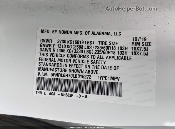 5FNRL6H70LB016272 2020 HONDA ODYSSEY White Շարժիչի բաժամունքի տեսք