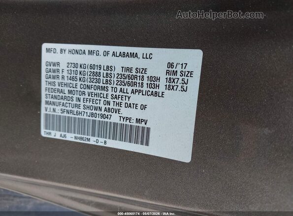 5FNRL6H71JB019047 2018 HONDA ODYSSEY Gray Vista del compartimento del motor