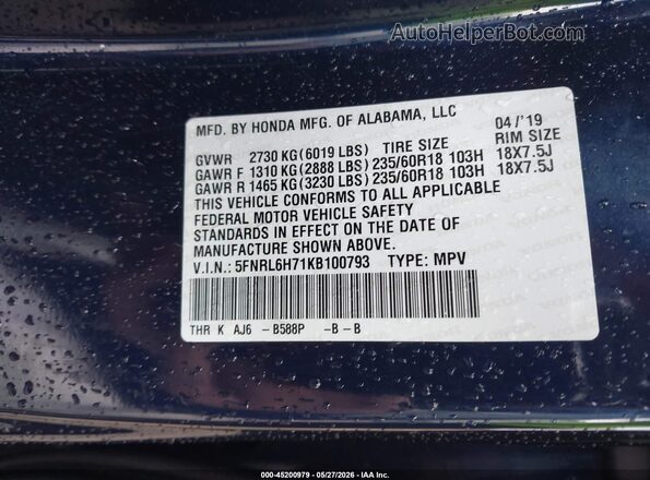 5FNRL6H71KB100793 2019 HONDA ODYSSEY Blue Engine compartment view