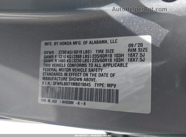 5FNRL6H71MB019845 2021 HONDA ODYSSEY Silver 
