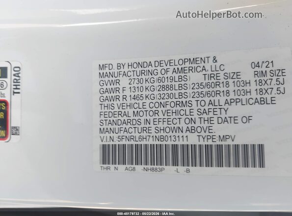 5FNRL6H71NB013111 2022 HONDA ODYSSEY White Vista del compartimento del motor