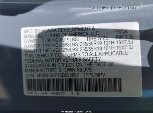 5FNRL6H71SB028607 2025 HONDA ODYSSEY Gray ძრავის განყოფილების ხედი