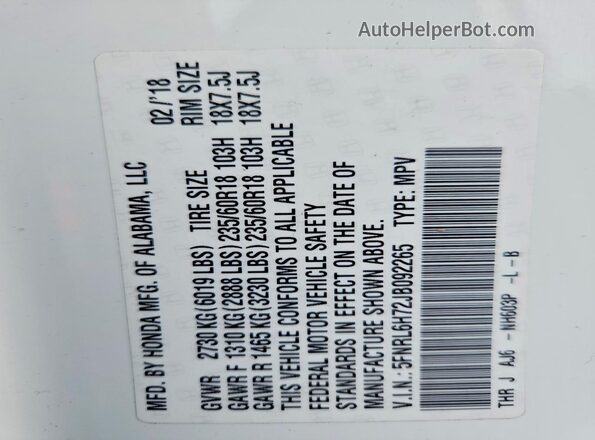 5FNRL6H72JB092265 2018 HONDA ODYSSEY White Widok naklejki z numerem VIN