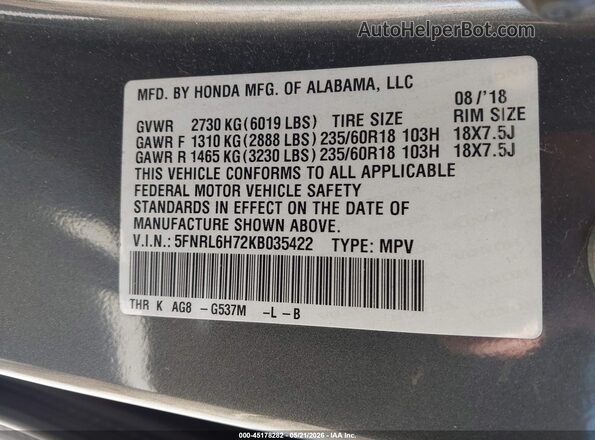 5FNRL6H72KB035422 2019 HONDA ODYSSEY Gray Շարժիչի բաժամունքի տեսք