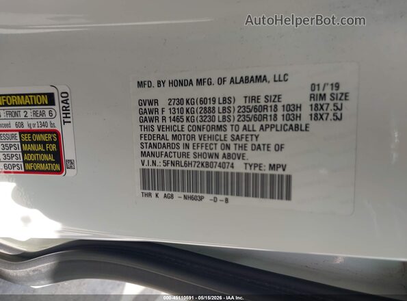 5FNRL6H72KB074074 2019 HONDA ODYSSEY White ძრავის განყოფილების ხედი