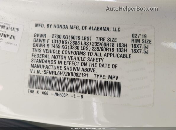 5FNRL6H72KB082191 2019 HONDA ODYSSEY Beige 