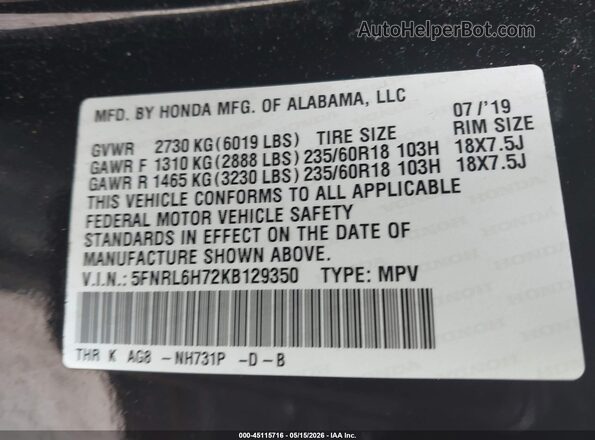 5FNRL6H72KB129350 2019 HONDA ODYSSEY Black Շարժիչի բաժամունքի տեսք