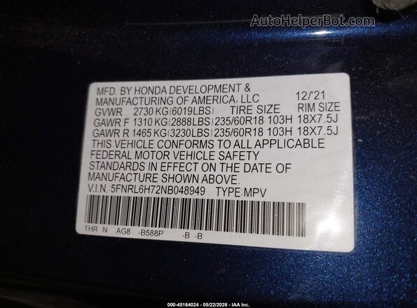 5FNRL6H72NB048949 2022 HONDA ODYSSEY Dark Blue Вид підкапотного простору