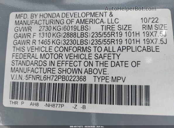 5FNRL6H72PB022368 2023 HONDA ODYSSEY Gray Engine compartment view