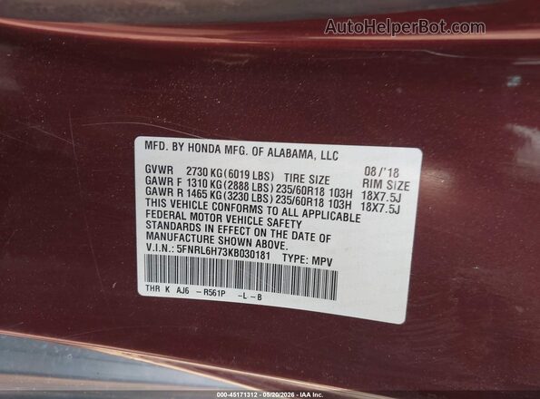 5FNRL6H73KB030181 2019 HONDA ODYSSEY Burgundy ძრავის განყოფილების ხედი