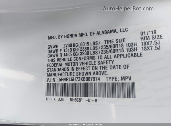 5FNRL6H73KB067974 2019 HONDA ODYSSEY White 