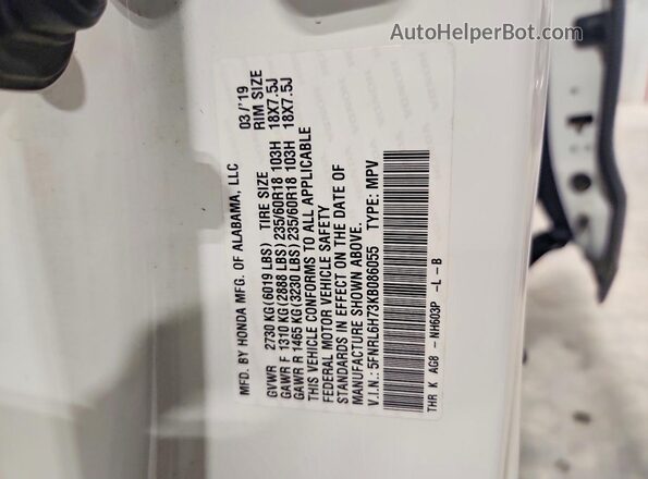 5FNRL6H73KB086055 2019 HONDA ODYSSEY White Вид наклейки з VIN-кодом