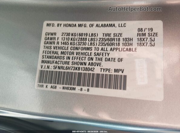 5FNRL6H73KB138042 2019 HONDA ODYSSEY Silver Вид підкапотного простору