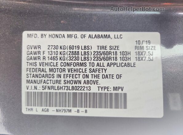5FNRL6H73LB022213 2020 HONDA ODYSSEY Серый Вид наклейки с VIN-кодом