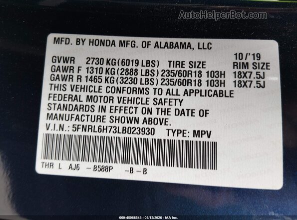 5FNRL6H73LB023930 2020 HONDA ODYSSEY Blue 