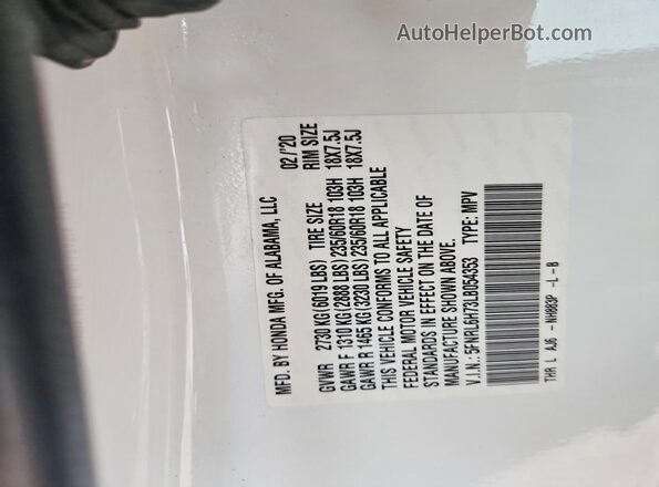 5FNRL6H73LB054353 2020 HONDA ODYSSEY White Widok naklejki z numerem VIN