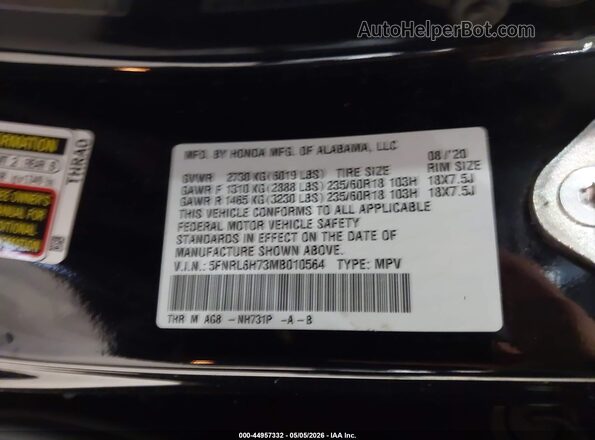 5FNRL6H73MB010564 2021 HONDA ODYSSEY Black Շարժիչի բաժամունքի տեսք