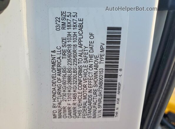 5FNRL6H73NB063153 2022 HONDA ODYSSEY White 