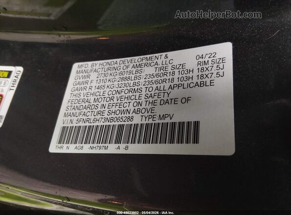 5FNRL6H73NB065288 2022 HONDA ODYSSEY Gray Vista del compartimento del motor