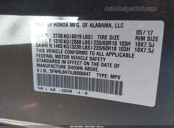 5FNRL6H74JB006647 2018 HONDA ODYSSEY Gray Շարժիչի բաժամունքի տեսք