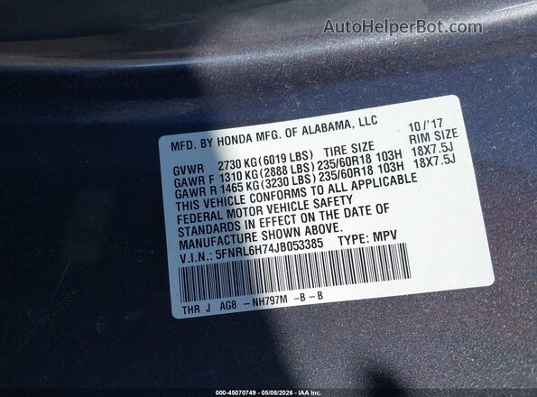 5FNRL6H74JB053385 2018 HONDA ODYSSEY Gray 