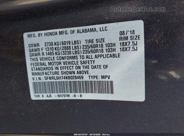 5FNRL6H74KB028469 2019 HONDA ODYSSEY Gray 