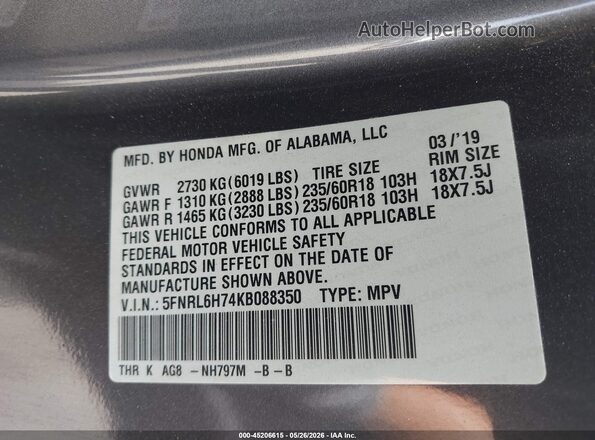 5FNRL6H74KB088350 2019 HONDA ODYSSEY Gray Vista del compartimento del motor