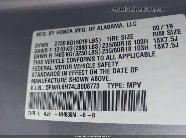5FNRL6H74LB008773 2020 HONDA ODYSSEY Silver Widok komory silnika