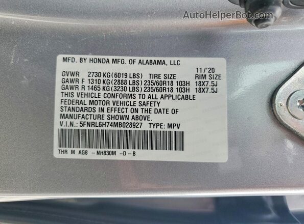 5FNRL6H74MB028927 2021 HONDA ODYSSEY Silver Vista de la etiqueta del VIN