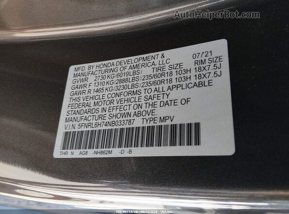 5FNRL6H74NB033787 2022 HONDA ODYSSEY Gray Widok komory silnika