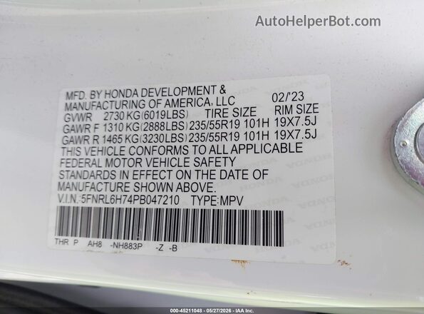 5FNRL6H74PB047210 2023 HONDA ODYSSEY White Շարժիչի բաժամունքի տեսք