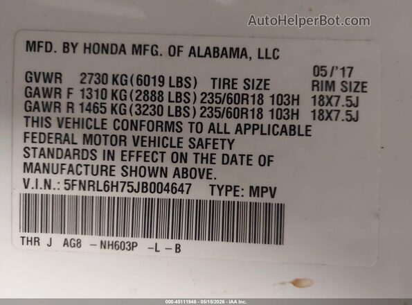 5FNRL6H75JB004647 2018 HONDA ODYSSEY White ძრავის განყოფილების ხედი