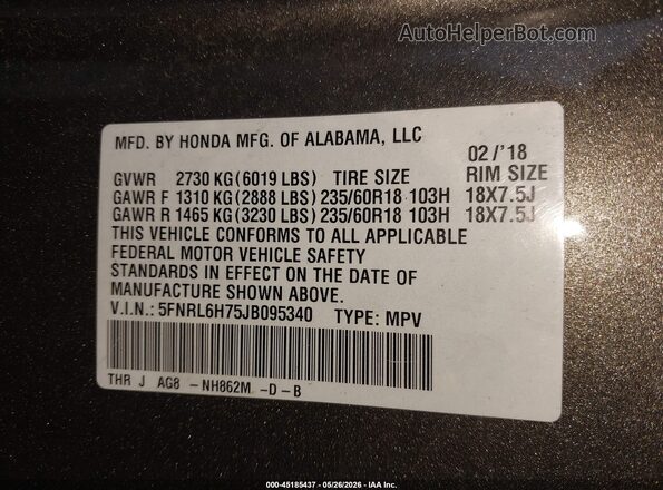 5FNRL6H75JB095340 2018 HONDA ODYSSEY Brown Շարժիչի բաժամունքի տեսք