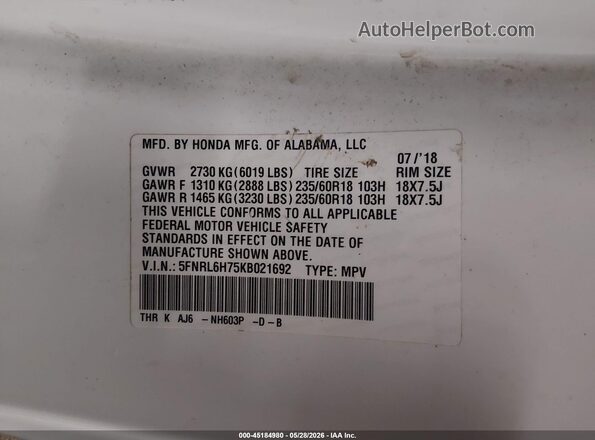 5FNRL6H75KB021692 2019 HONDA ODYSSEY White Շարժիչի բաժամունքի տեսք