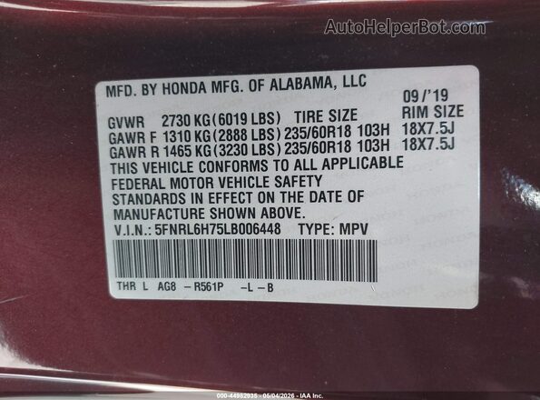 5FNRL6H75LB006448 2020 HONDA ODYSSEY Burgundy Engine compartment view