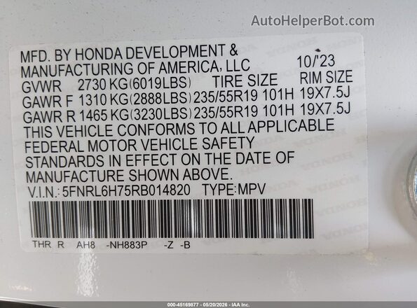 5FNRL6H75RB014820 2024 HONDA ODYSSEY White Engine compartment view