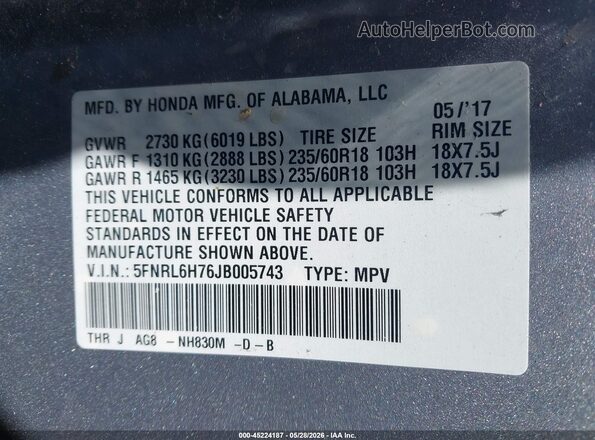 5FNRL6H76JB005743 2018 HONDA ODYSSEY Silver Շարժիչի բաժամունքի տեսք