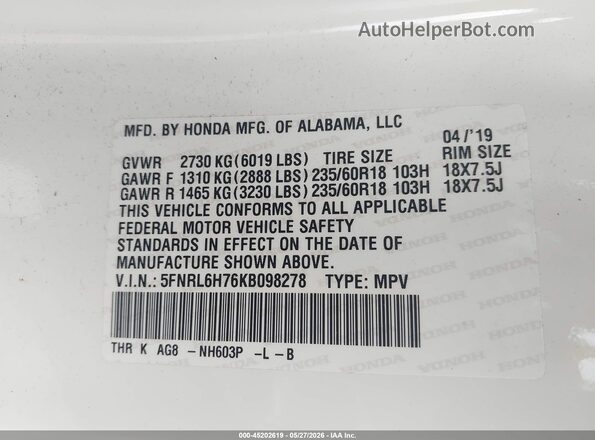 5FNRL6H76KB098278 2019 HONDA ODYSSEY White Vista del compartimento del motor