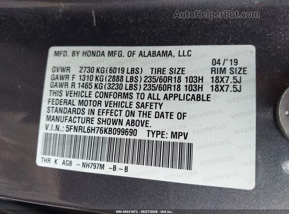 5FNRL6H76KB099690 2019 HONDA ODYSSEY Gray Շարժիչի բաժամունքի տեսք