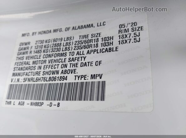 5FNRL6H76LB061894 2020 HONDA ODYSSEY White Вид підкапотного простору