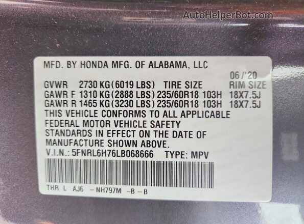 5FNRL6H76LB068666 2020 HONDA ODYSSEY Gray Панорамний вид салону 360°