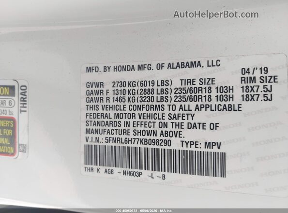 5FNRL6H77KB098290 2019 HONDA ODYSSEY White ძრავის განყოფილების ხედი