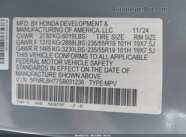 5FNRL6H77SB031236 2025 HONDA ODYSSEY Light Blue ძრავის განყოფილების ხედი