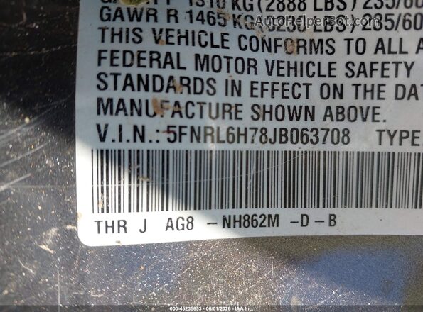 5FNRL6H78JB063708 2018 HONDA ODYSSEY Gray Vista del compartimento del motor