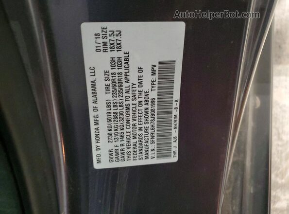 5FNRL6H78JB081996 2018 HONDA ODYSSEY Charcoal VIN კოდის სტიკერის ხედი