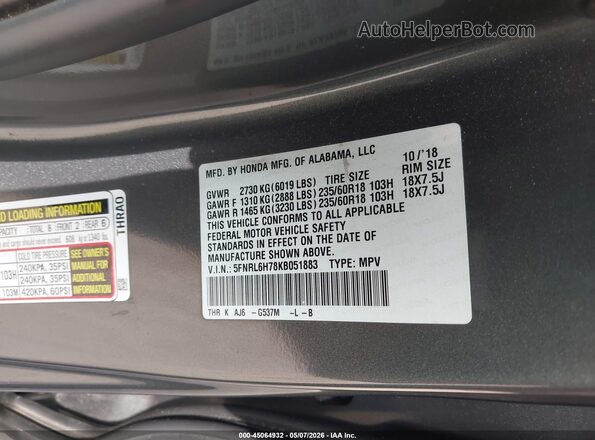 5FNRL6H78KB051883 2019 HONDA ODYSSEY Silver 