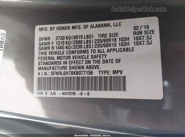 5FNRL6H78KB077156 2019 HONDA ODYSSEY Gray Вид підкапотного простору